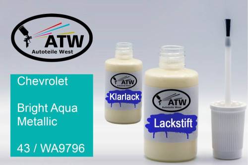 Chevrolet, Bright Aqua Metallic, 43 / WA9796: 20ml Lackstift + 20ml Klarlack - Set, von ATW Autoteile West.